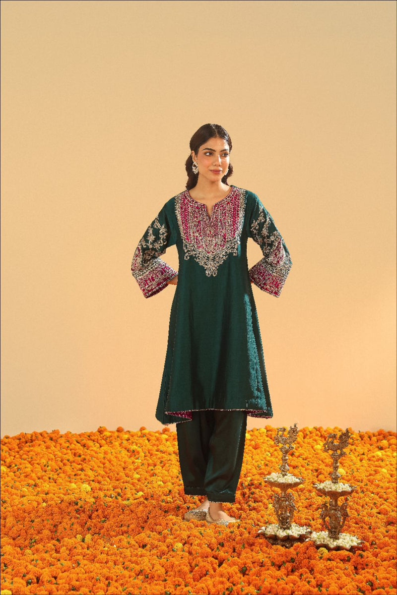 Mohsina Chauga with Salwar-Emerald green silk by SHEETAL BATRA for women Worldwide