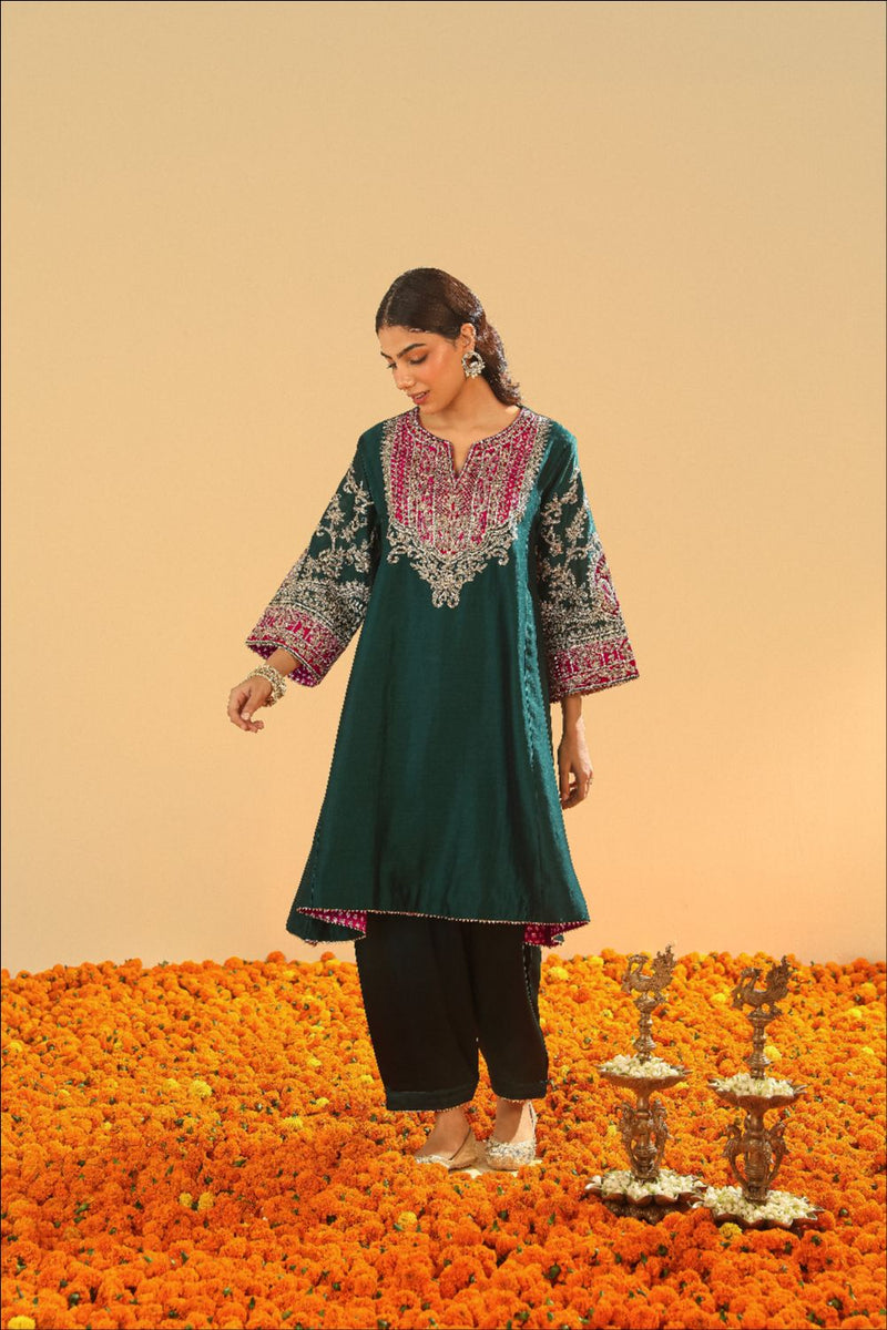 Mohsina Chauga with Salwar-Emerald green silk by SHEETAL BATRA for women Worldwide