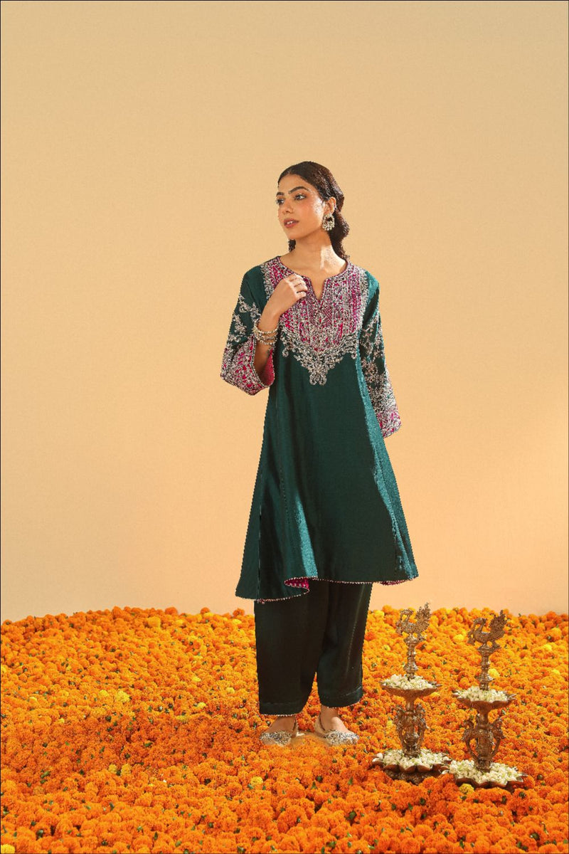 Mohsina Chauga with Salwar-Emerald green silk by SHEETAL BATRA for women Worldwide