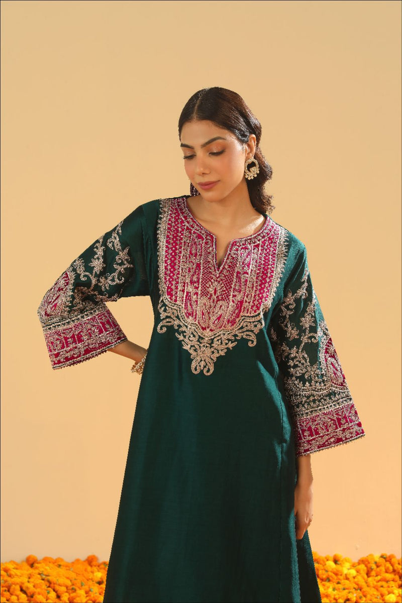 Mohsina Chauga with Salwar-Emerald green silk by SHEETAL BATRA for women Worldwide