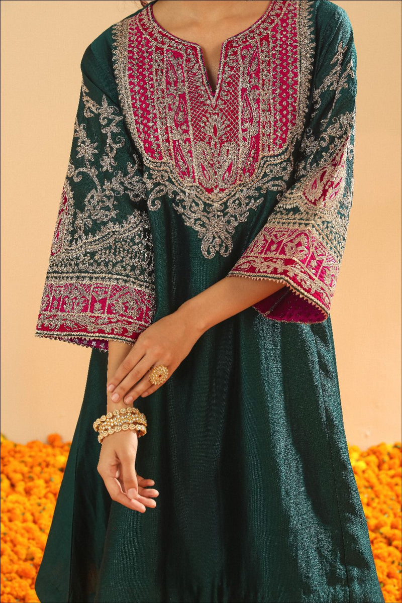 Mohsina Chauga with Salwar-Emerald green silk by SHEETAL BATRA for women Worldwide