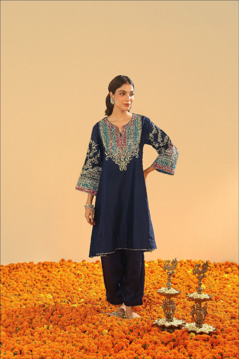Mohsina Chauga with Salwar-Deep blue silk by SHEETAL BATRA in blue color for women Worldwide