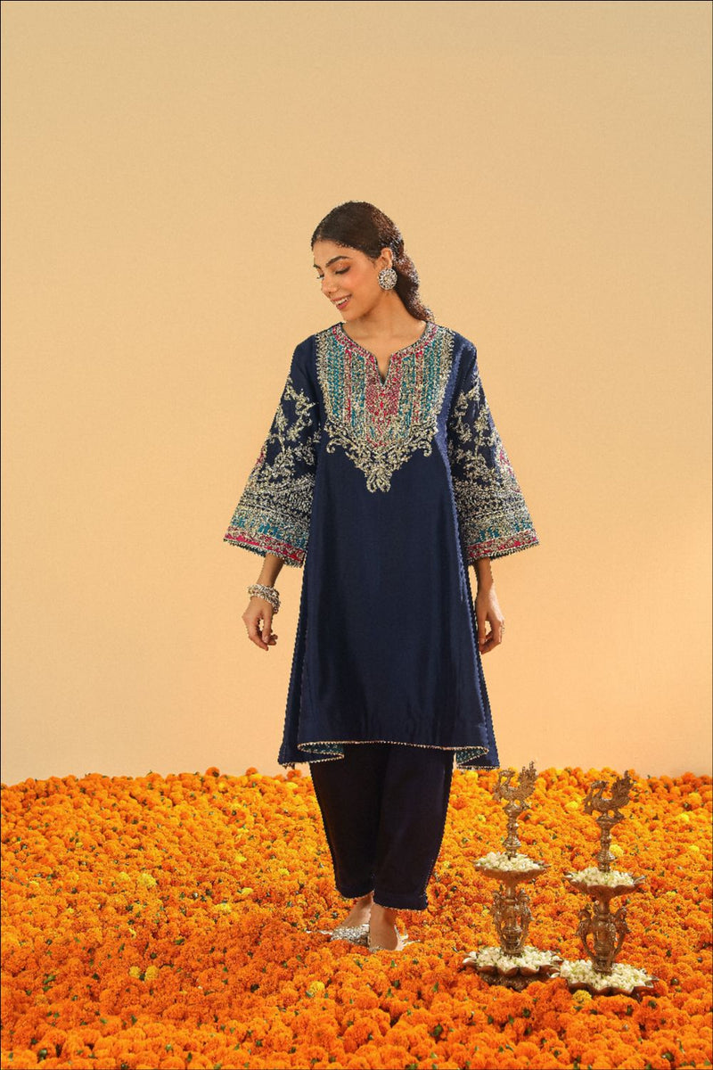 Mohsina Chauga with Salwar-Deep blue silk by SHEETAL BATRA in blue color for women Worldwide