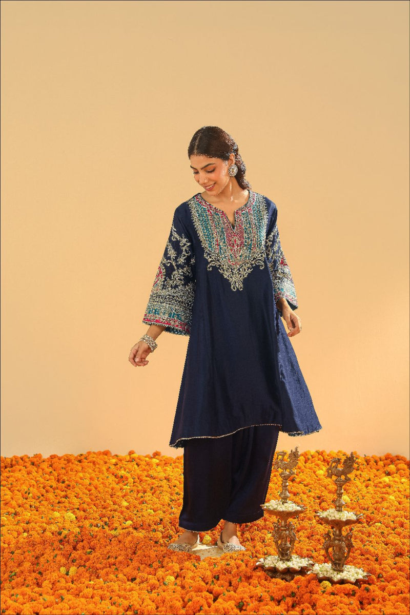 Mohsina Chauga with Salwar-Deep blue silk by SHEETAL BATRA in blue color for women Worldwide