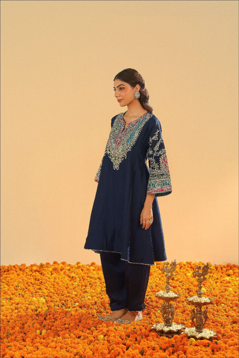 Mohsina Chauga with Salwar-Deep blue silk by SHEETAL BATRA in blue color for women Worldwide