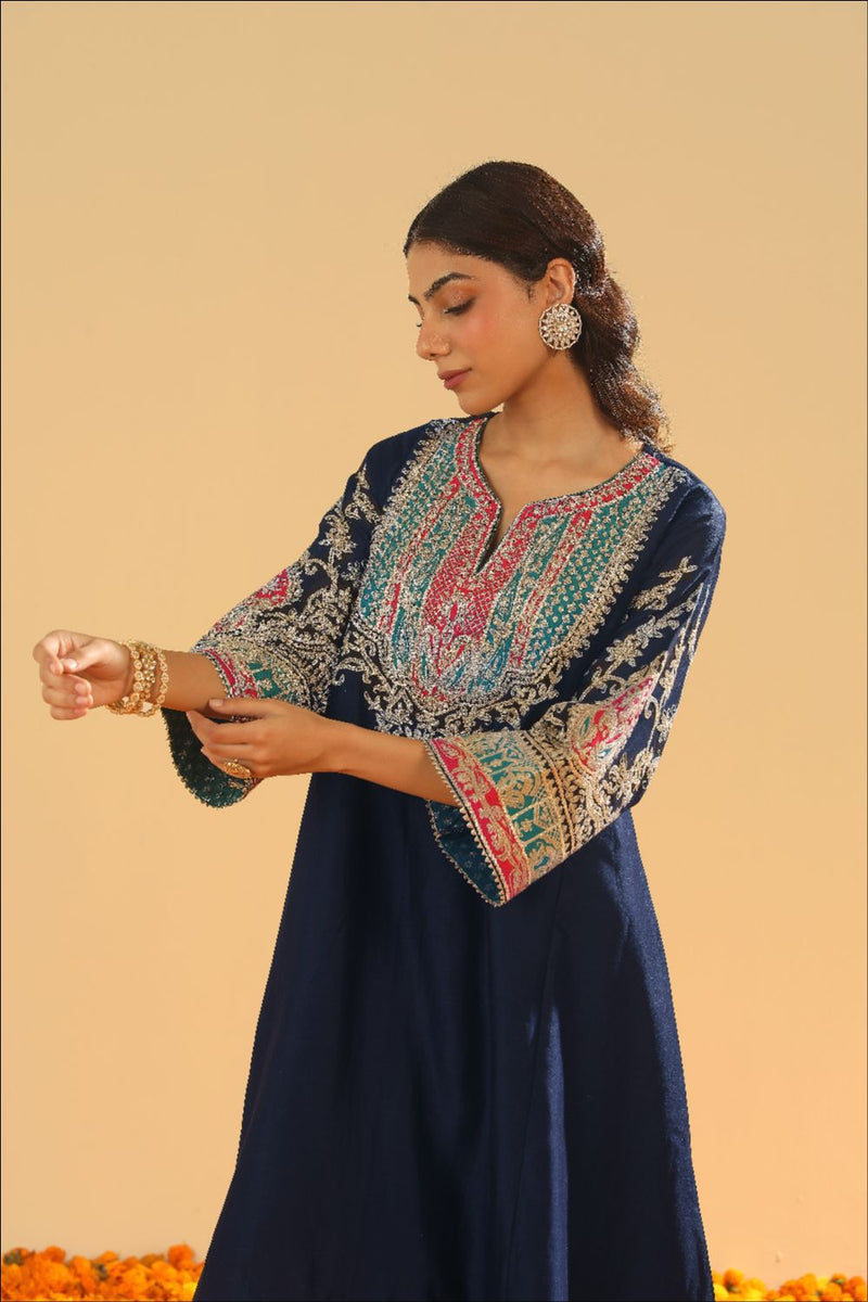 Mohsina Chauga with Salwar-Deep blue silk by SHEETAL BATRA in blue color for women Worldwide
