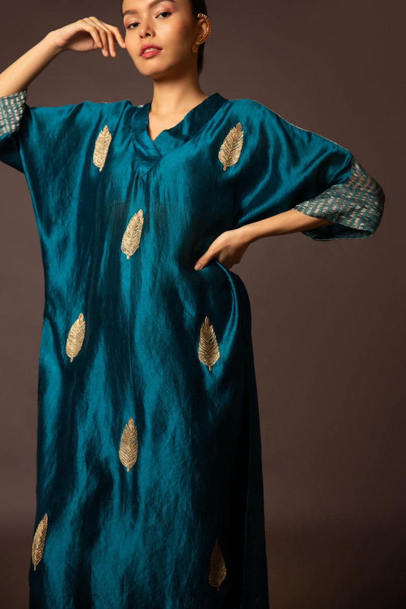 Teal Kaftan kurta with pitta work silk by Myoho in teal color for women Worldwide