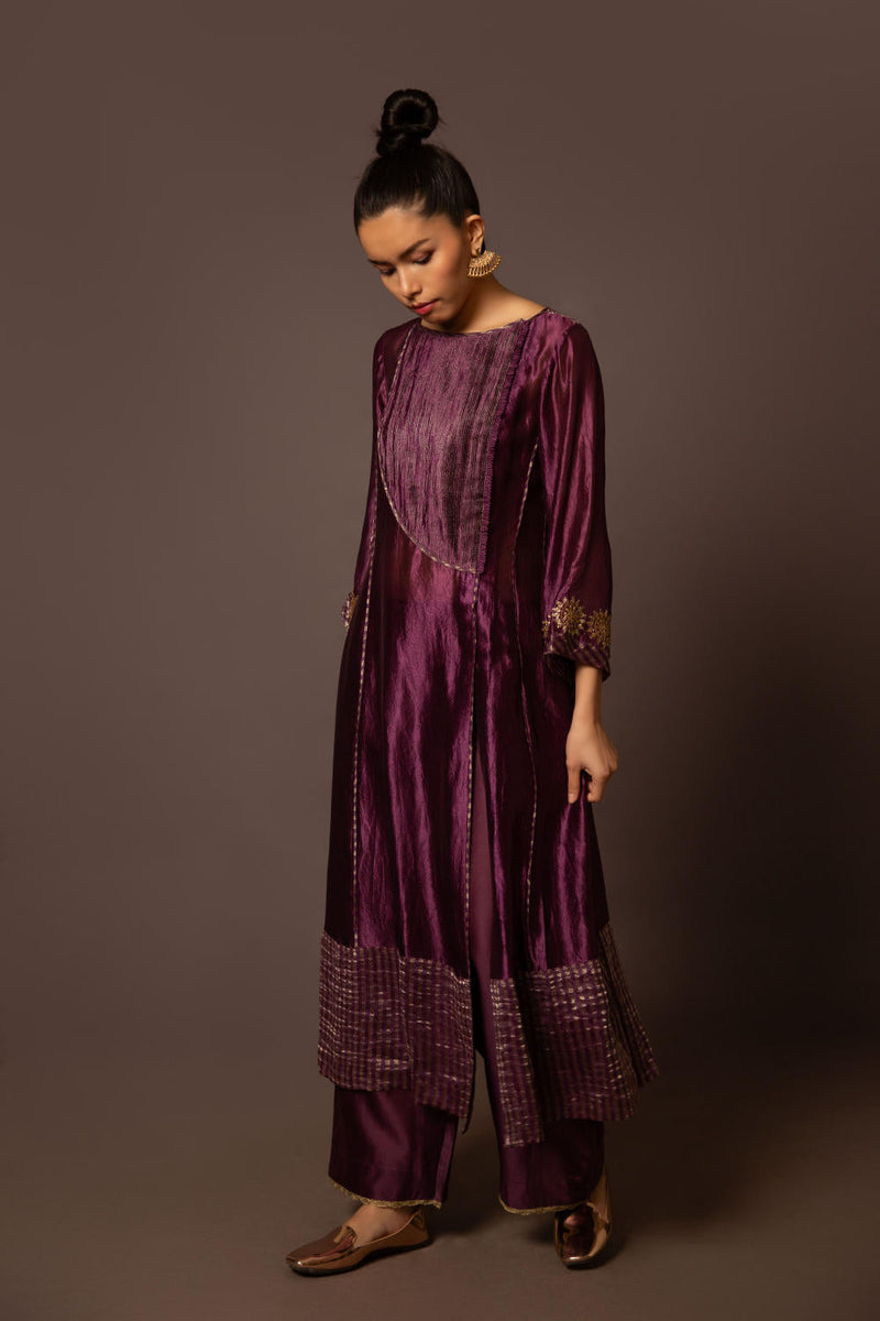 Purple Dupion silk Assymtreic yoke set silk by Myoho in purple color for women Worldwide