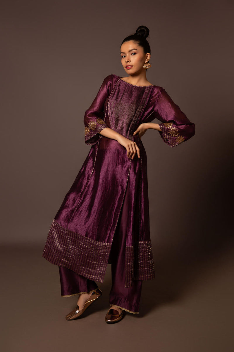 Purple Dupion silk Assymtreic yoke set silk by Myoho in purple color for women Worldwide