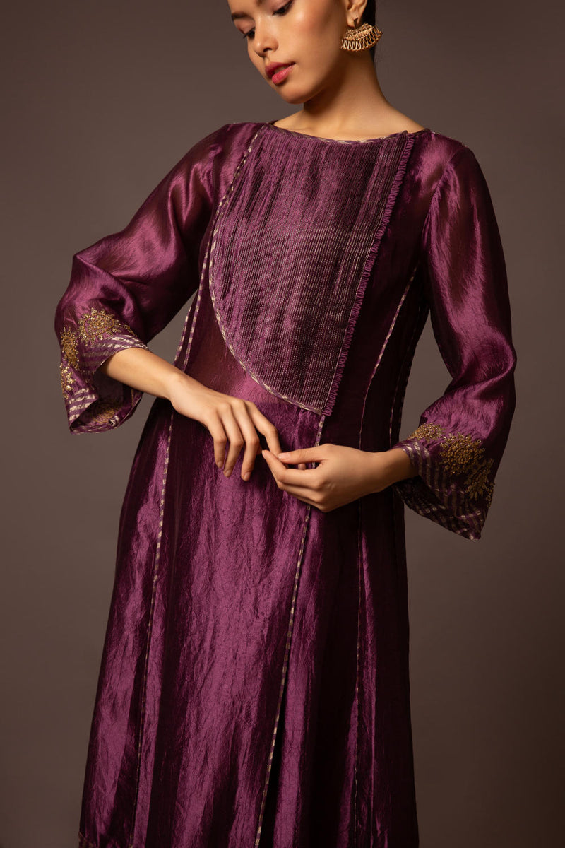 Purple Dupion silk Assymtreic yoke set silk by Myoho in purple color for women Worldwide