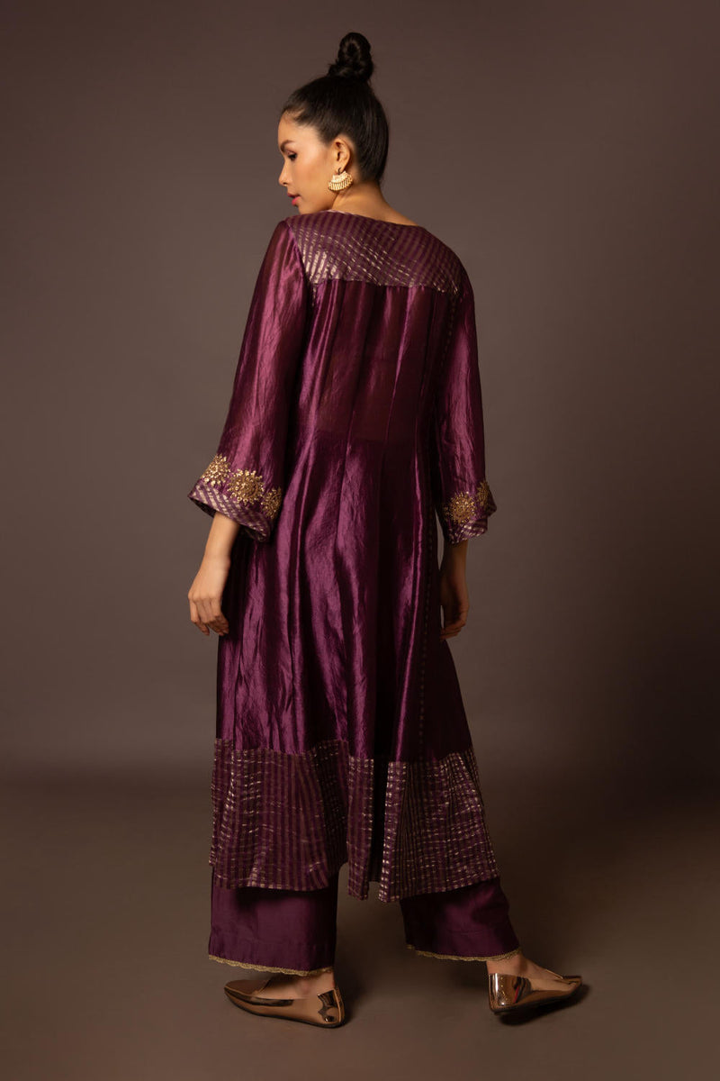Purple Dupion silk Assymtreic yoke set silk by Myoho in purple color for women Worldwide