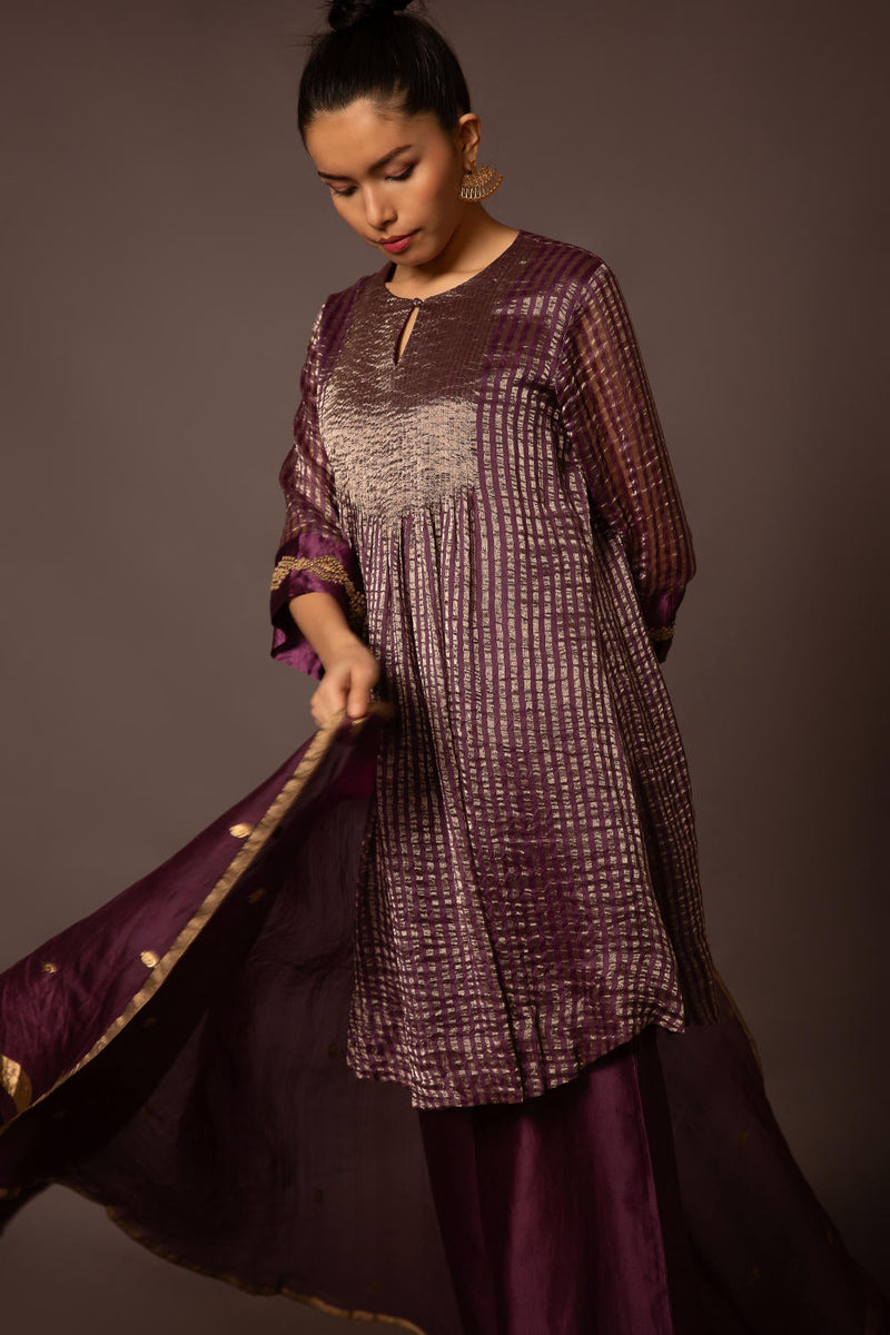 Purple Zari Stripe kurta set by Myoho in purple color for women Worldwide