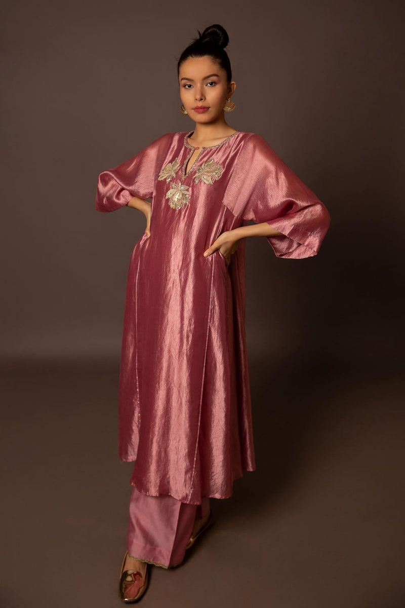 Rose Pink Dupion silk with Pita Butas by Myoho in pink color for women Worldwide
