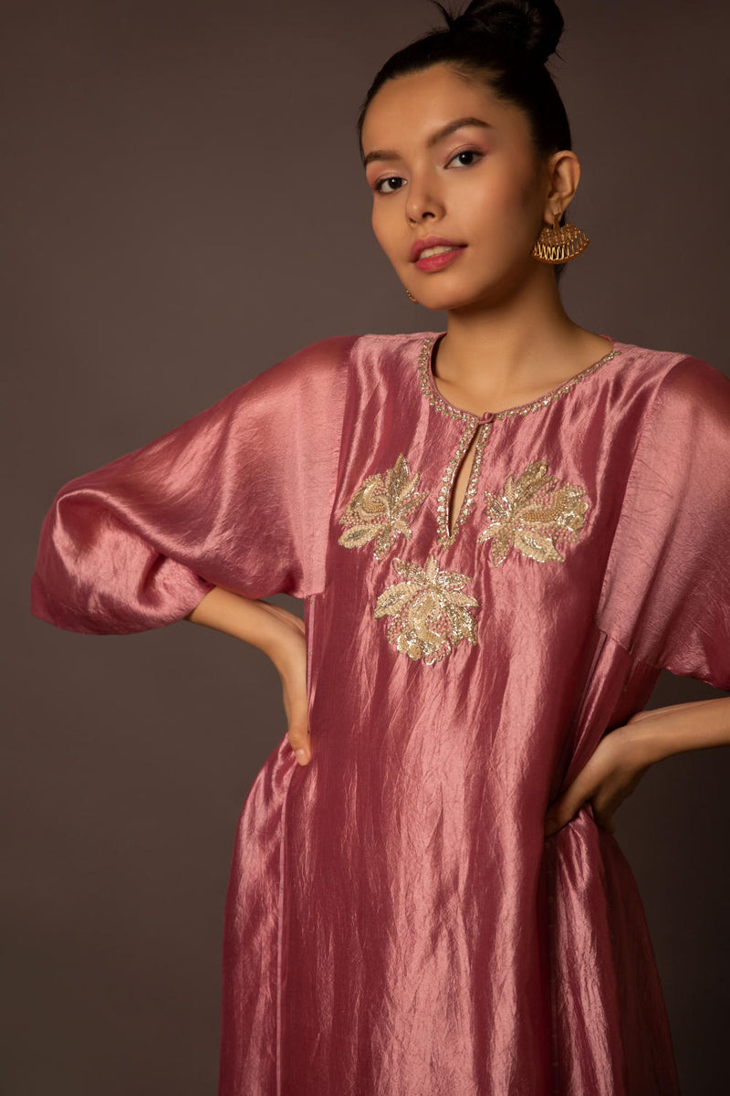 Rose Pink Dupion silk with Pita Butas by Myoho in pink color for women Worldwide