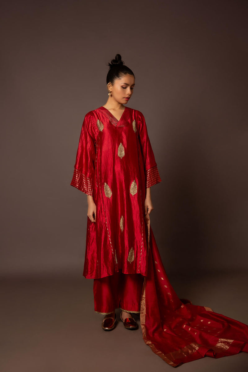 Red Dupion silk pitta work set silk by Myoho in red color for women Worldwide