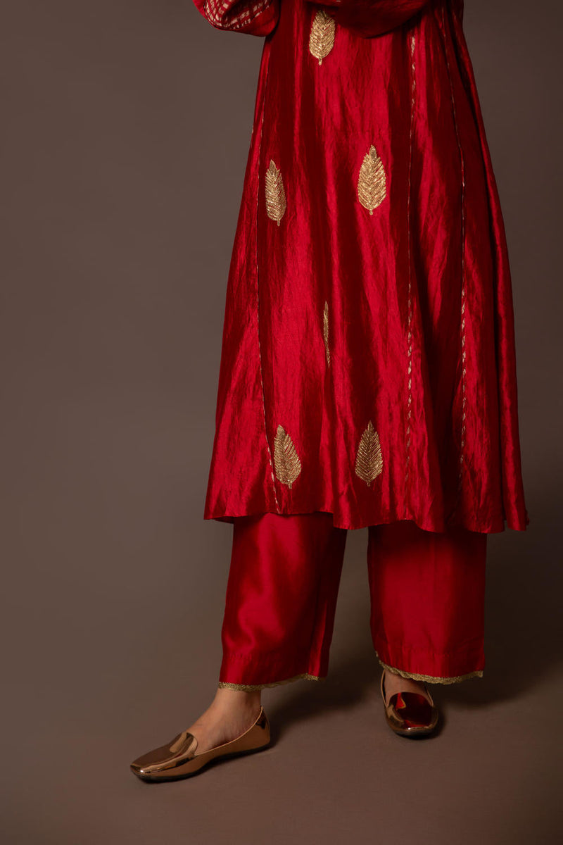 Red Dupion silk pitta work set silk by Myoho in red color for women Worldwide
