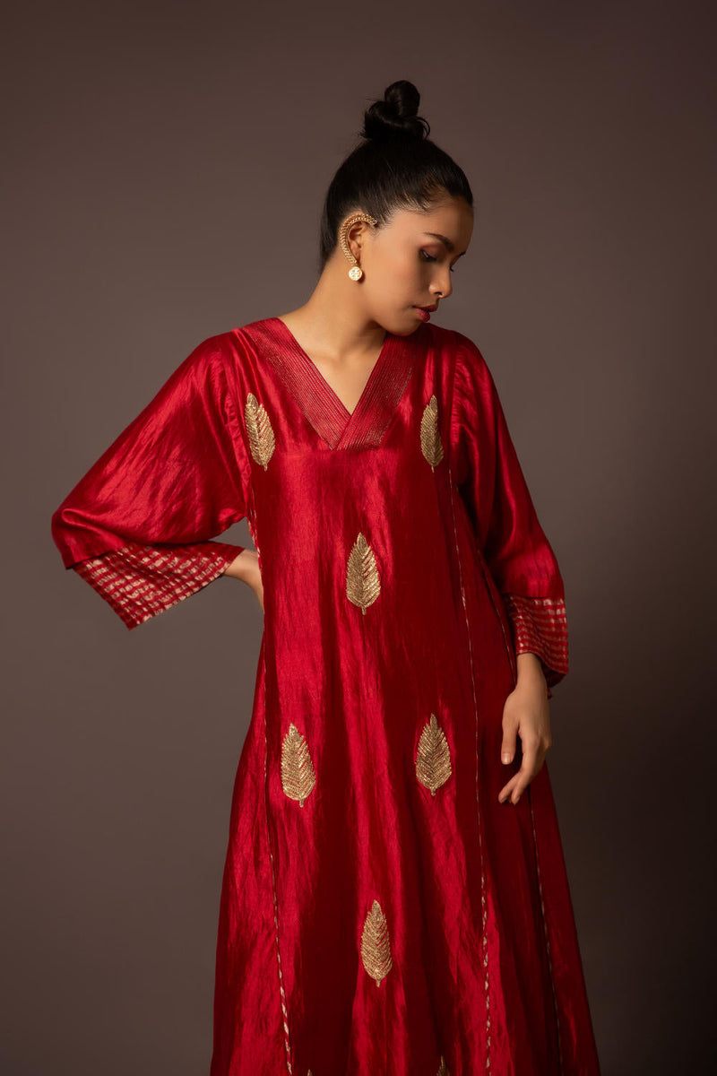 Red Dupion silk pitta work set silk by Myoho in red color for women Worldwide