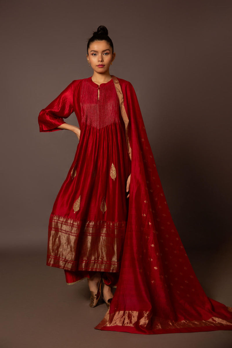 Red Benerasi Border Kurta Set chanderi by Myoho in red color for women Worldwide