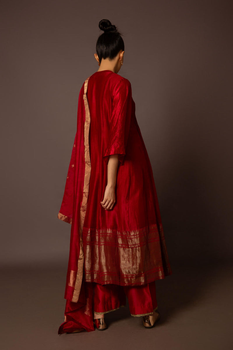 Red Benerasi Border Kurta Set chanderi by Myoho in red color for women Worldwide