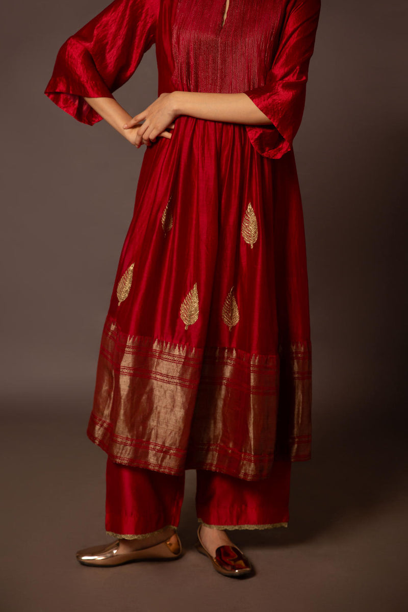 Red Benerasi Border Kurta Set chanderi by Myoho in red color for women Worldwide