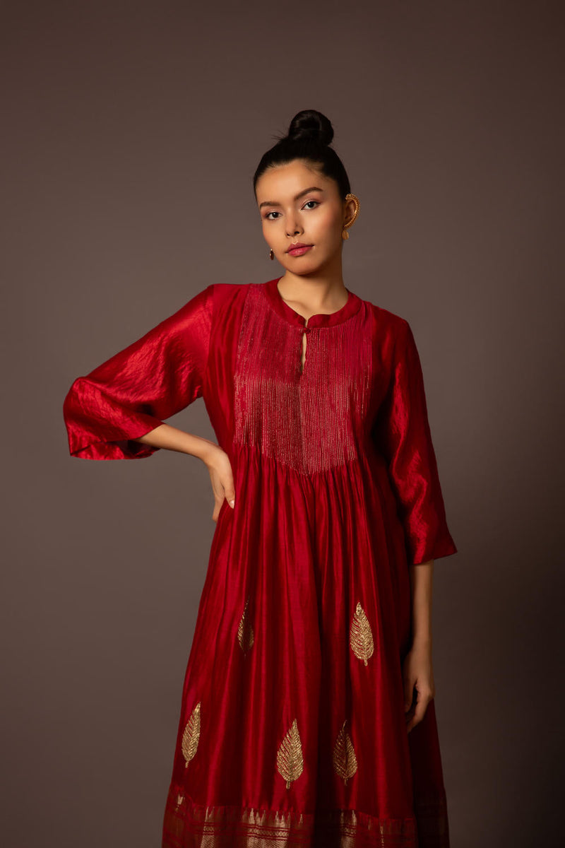 Red Benerasi Border Kurta Set chanderi by Myoho in red color for women Worldwide