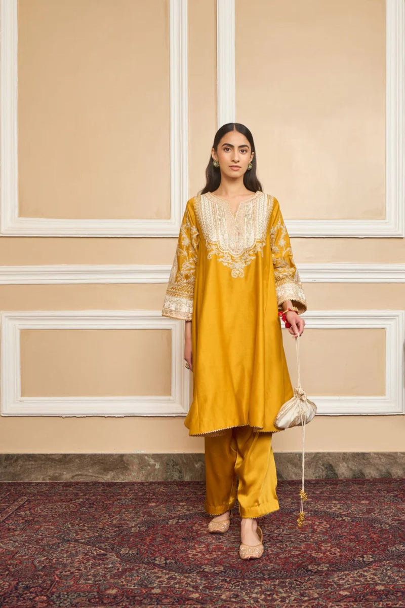 Mohsina Chauga with Salwar-Glaze mustard silk by SHEETAL BATRA in mustard color for women Worldwide