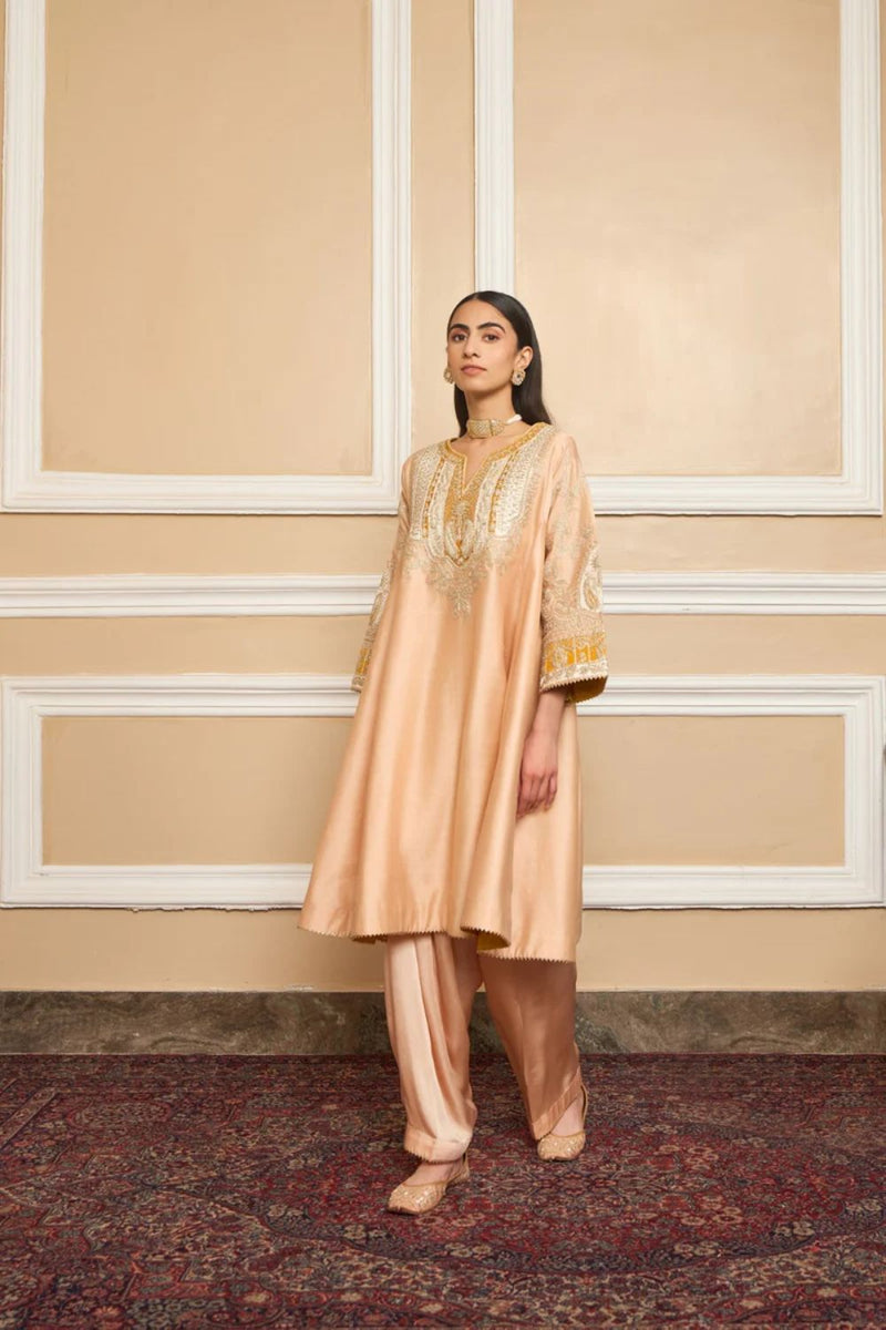 Mohsina Chauga with Salwar-Rosepink silk by SHEETAL BATRA in pink color for women Worldwide