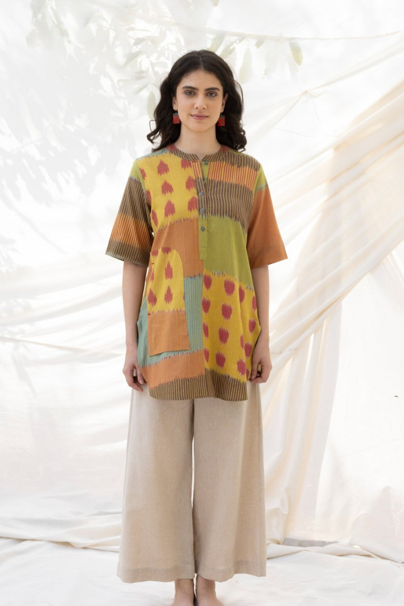 SUR BUTTON TUNIC 100% cotton by Translate - Handwoven Ikat in multi color for women Worldwide
