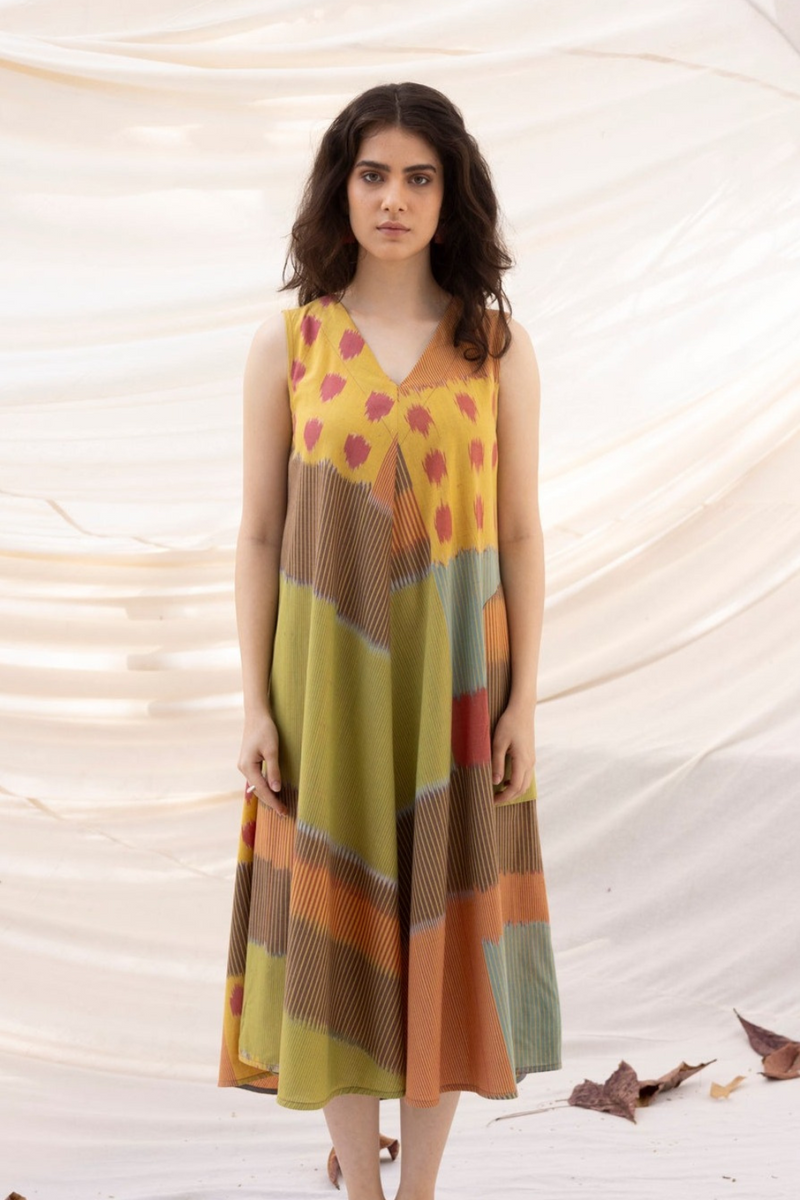 SUR BIAS SLEEVELESS DRESS 100% cotton by Translate - Handwoven Ikat in multi color for women Worldwide