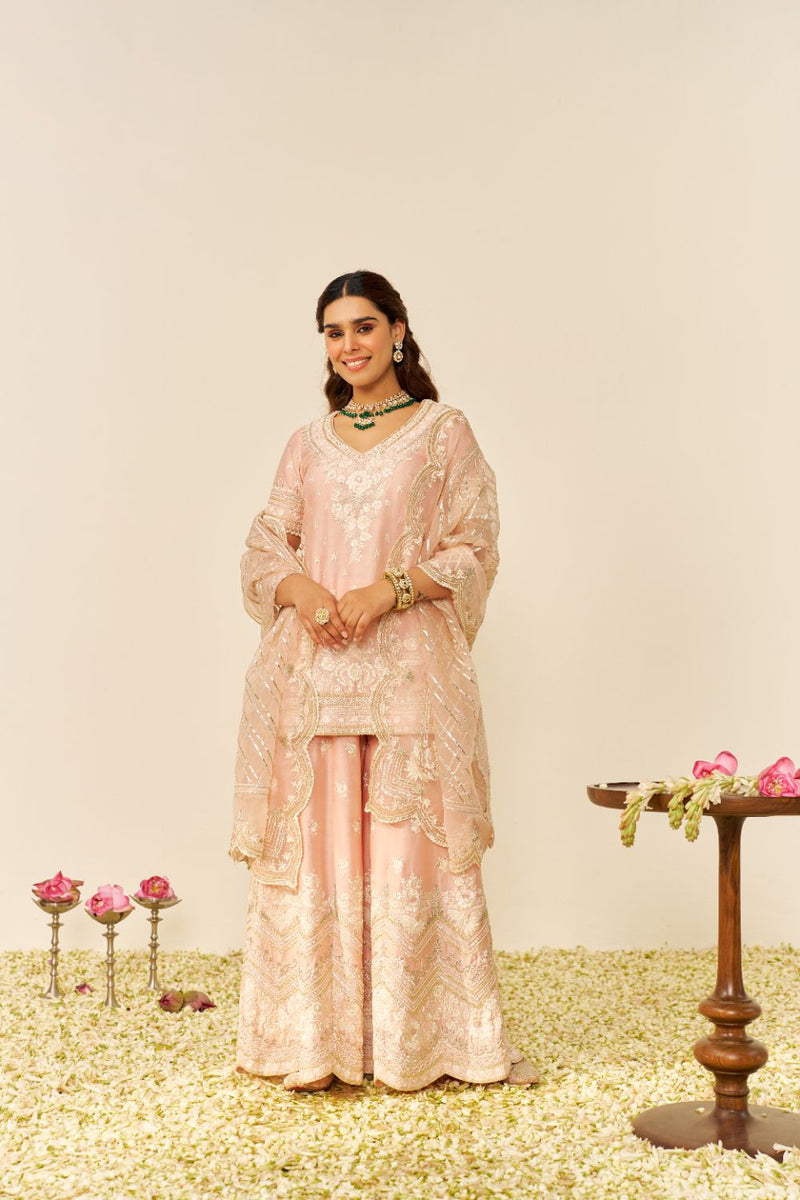 Sameeha - Short Kurta With Sharara And Dupatta-Off Rose silk by SHEETAL BATRA in pink color for women Worldwide