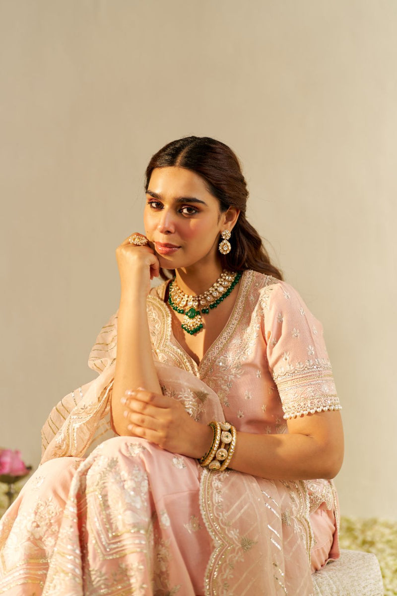 Sameeha - Short Kurta With Sharara And Dupatta-Off Rose silk by SHEETAL BATRA in pink color for women Worldwide