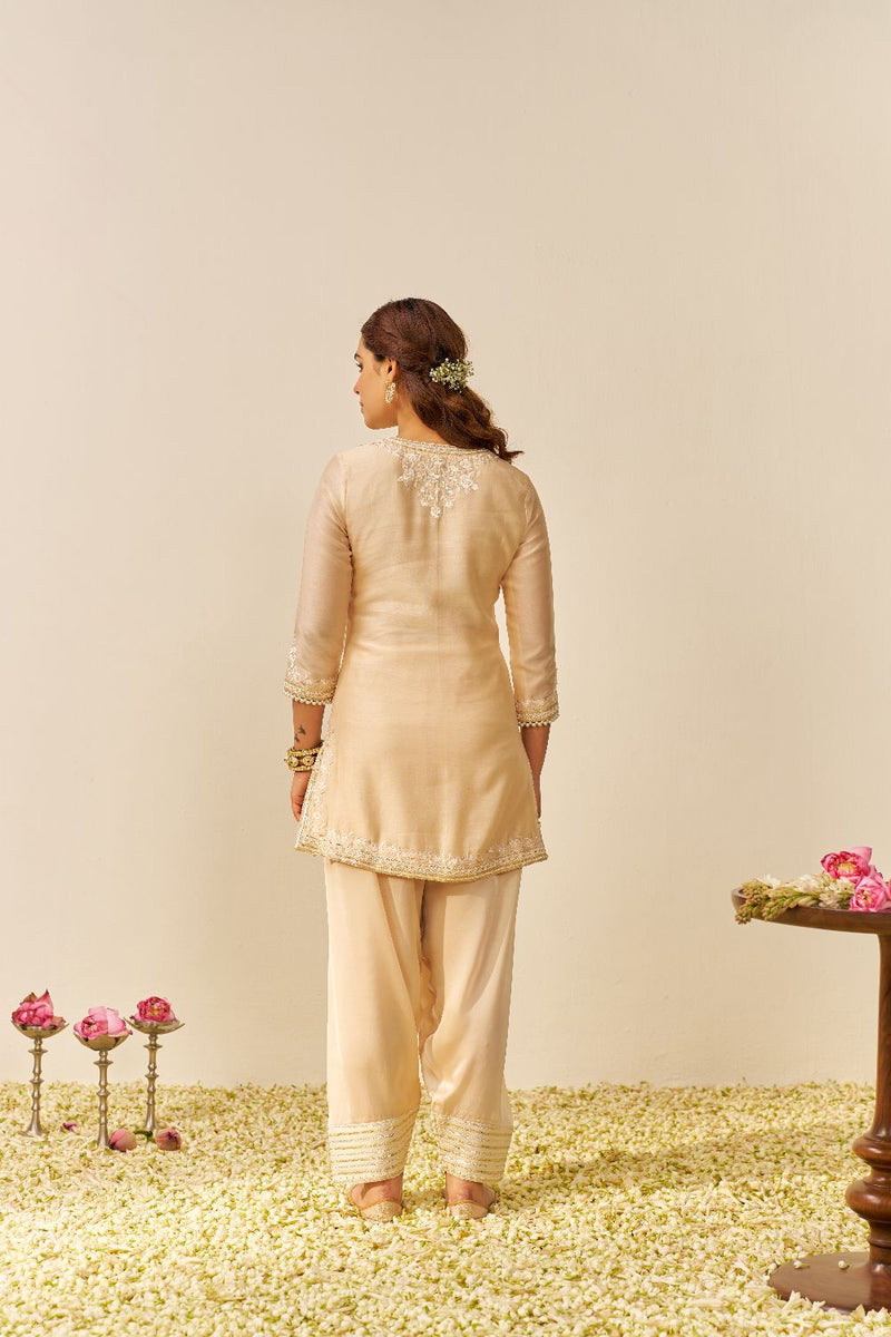 Haniya - Short Kurta With Salwar And Dupatta-Beige silk by SHEETAL BATRA in beige color for women Worldwide