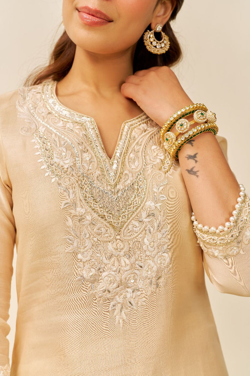 Haniya - Short Kurta With Salwar And Dupatta-Beige silk by SHEETAL BATRA in beige color for women Worldwide