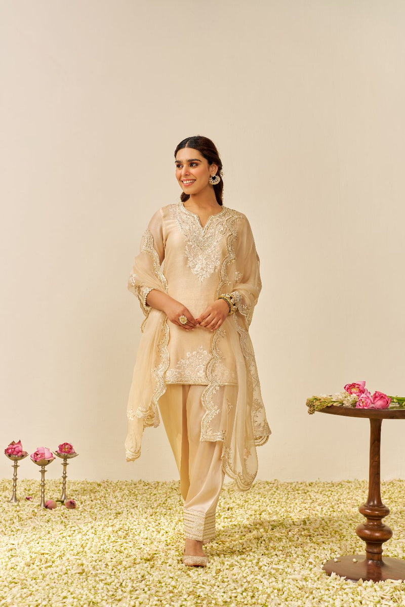 Haniya - Short Kurta With Salwar And Dupatta-Beige silk by SHEETAL BATRA in beige color for women Worldwide