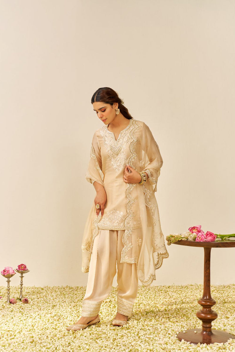 Haniya - Short Kurta With Salwar And Dupatta-Beige silk by SHEETAL BATRA in beige color for women Worldwide