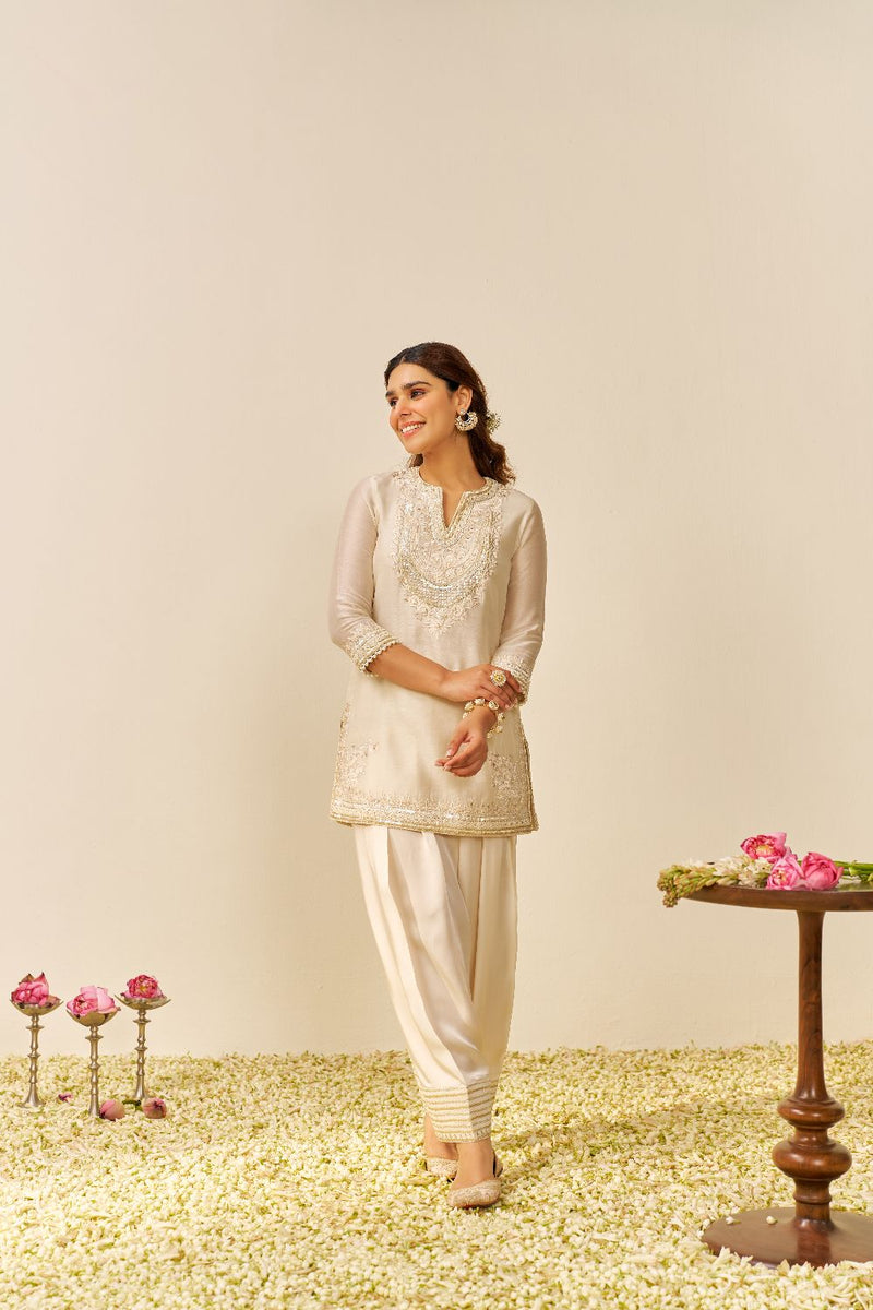 Sara - Short Kurta With Salwar And Dupatta-Daisy Ivory silk by SHEETAL BATRA in ivory color for women Worldwide