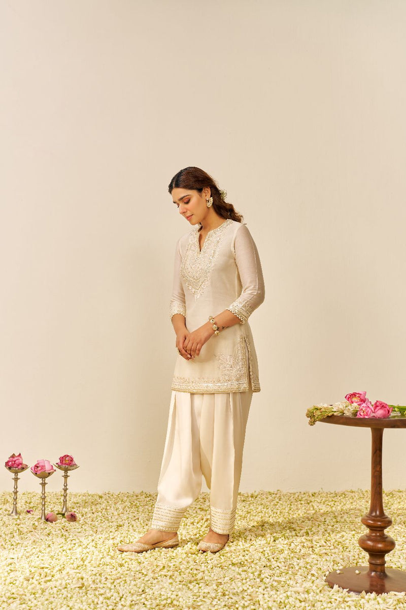 Sara - Short Kurta With Salwar And Dupatta-Daisy Ivory silk by SHEETAL BATRA in ivory color for women Worldwide
