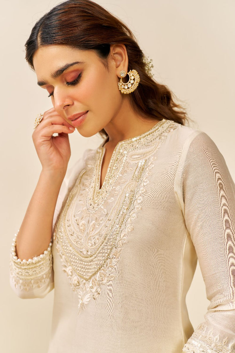 Sara - Short Kurta With Salwar And Dupatta-Daisy Ivory silk by SHEETAL BATRA in ivory color for women Worldwide