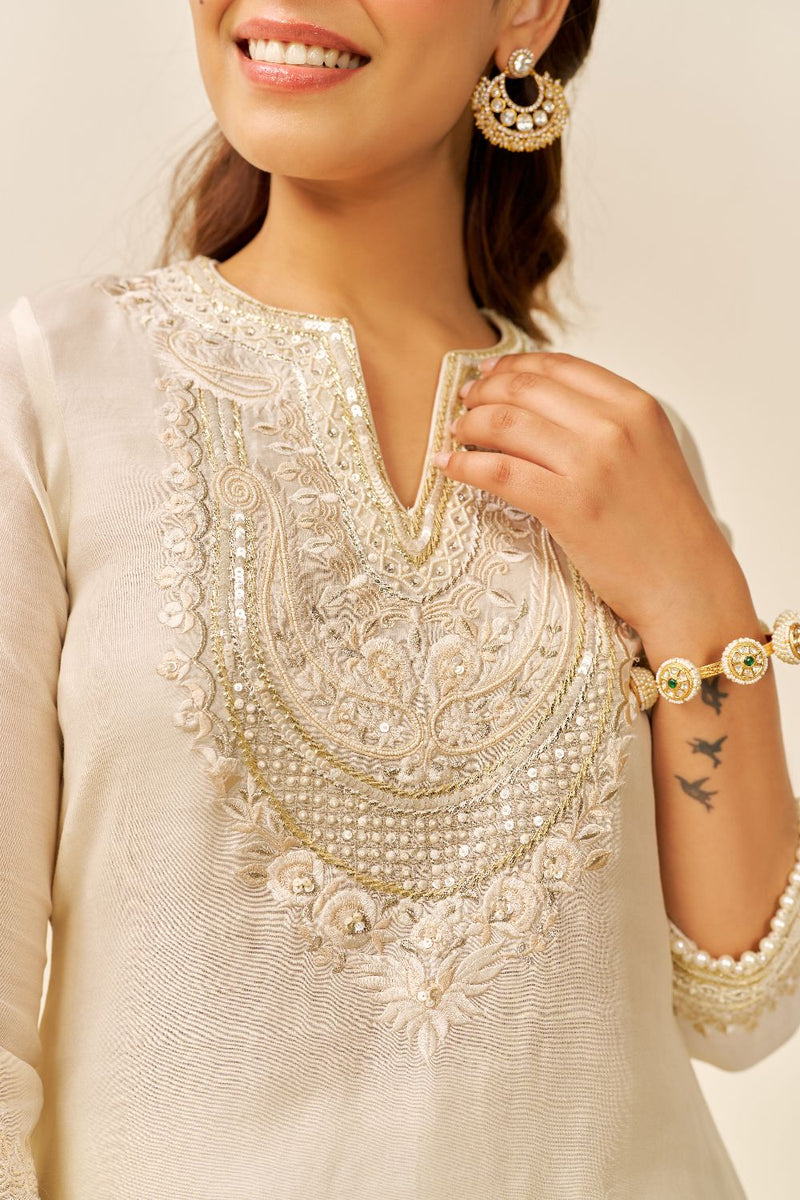 Sara - Short Kurta With Salwar And Dupatta-Daisy Ivory silk by SHEETAL BATRA in ivory color for women Worldwide
