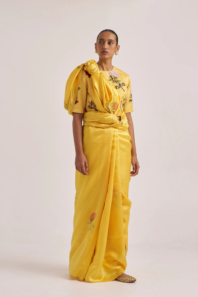 Seerat Sari handwoven mulberry silk by Suparna Som in yellow for women Worldwide