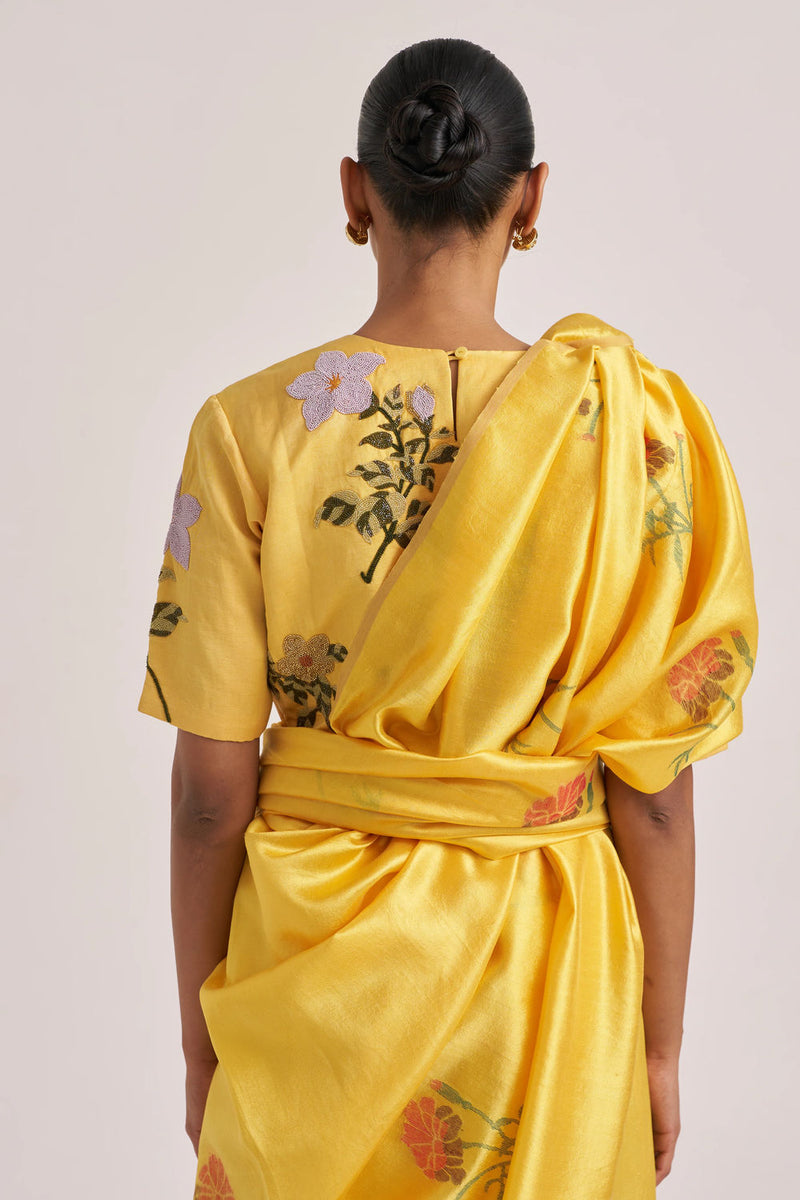 Seerat Sari handwoven mulberry silk by Suparna Som in yellow for women Worldwide