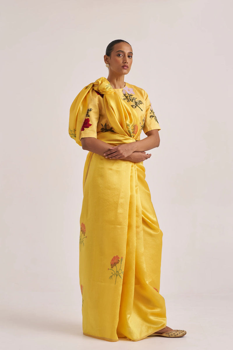 Seerat Sari handwoven mulberry silk by Suparna Som in yellow for women Worldwide