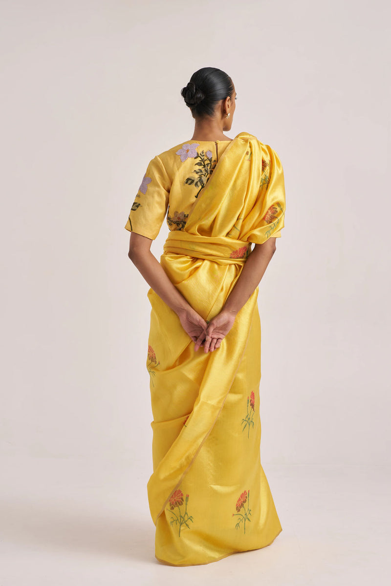 Seerat Sari handwoven mulberry silk by Suparna Som in yellow for women Worldwide