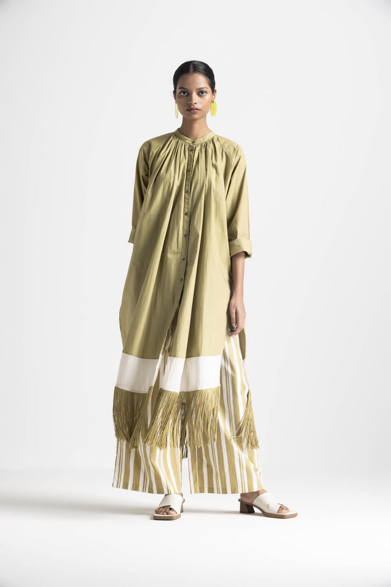 FRINGE GATHER NECK SHIRT - MOSS GREEN poplin by THREE in green color for women Worldwide