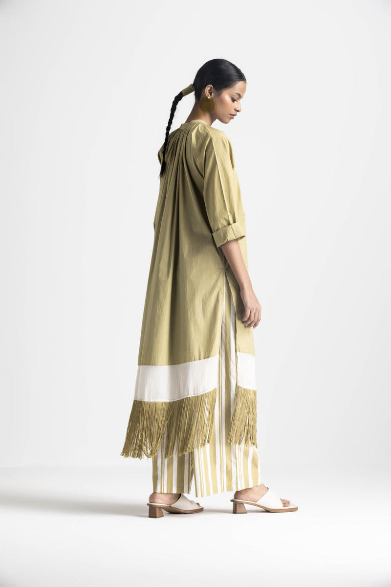 FRINGE GATHER NECK SHIRT - MOSS GREEN poplin by THREE in green color for women Worldwide
