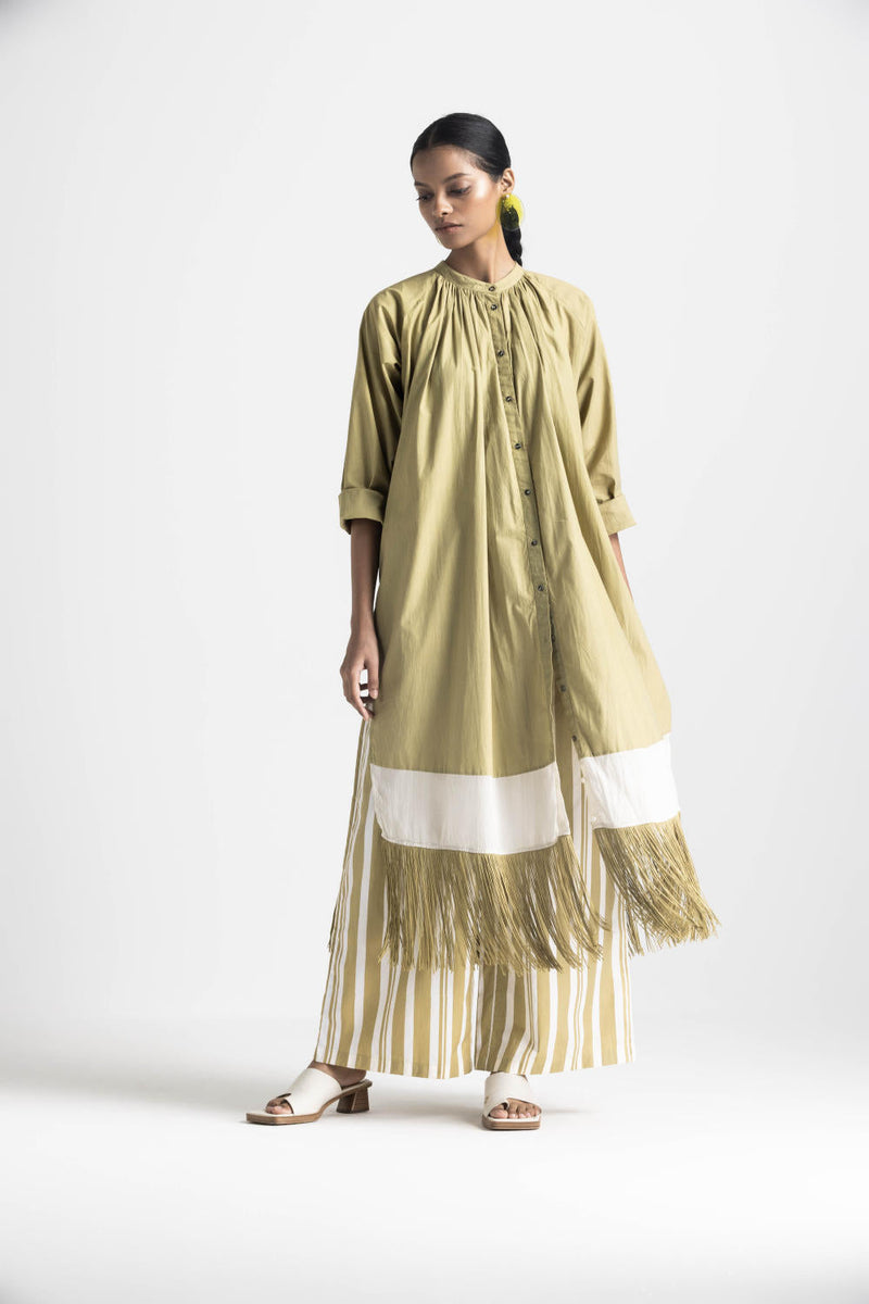 FRINGE GATHER NECK SHIRT - MOSS GREEN poplin by THREE in green color for women Worldwide