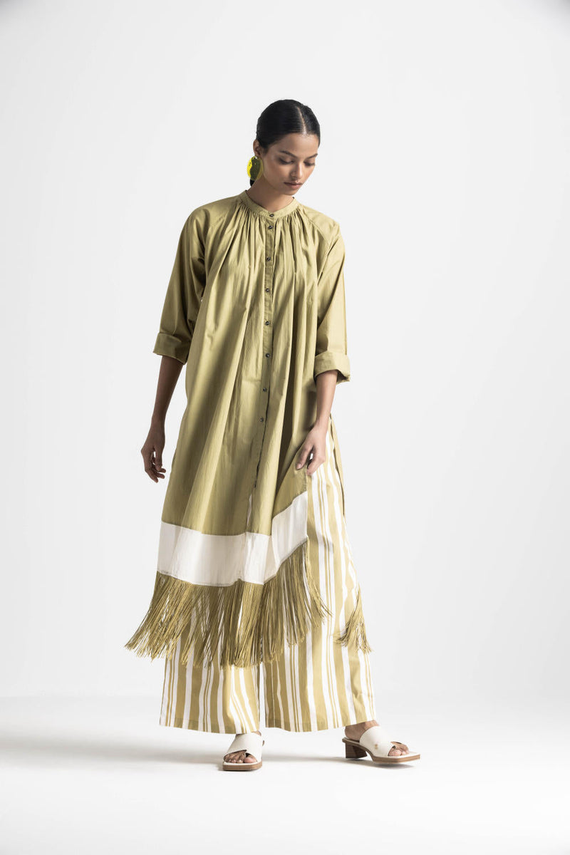 FRINGE GATHER NECK SHIRT - MOSS GREEN poplin by THREE in green color for women Worldwide