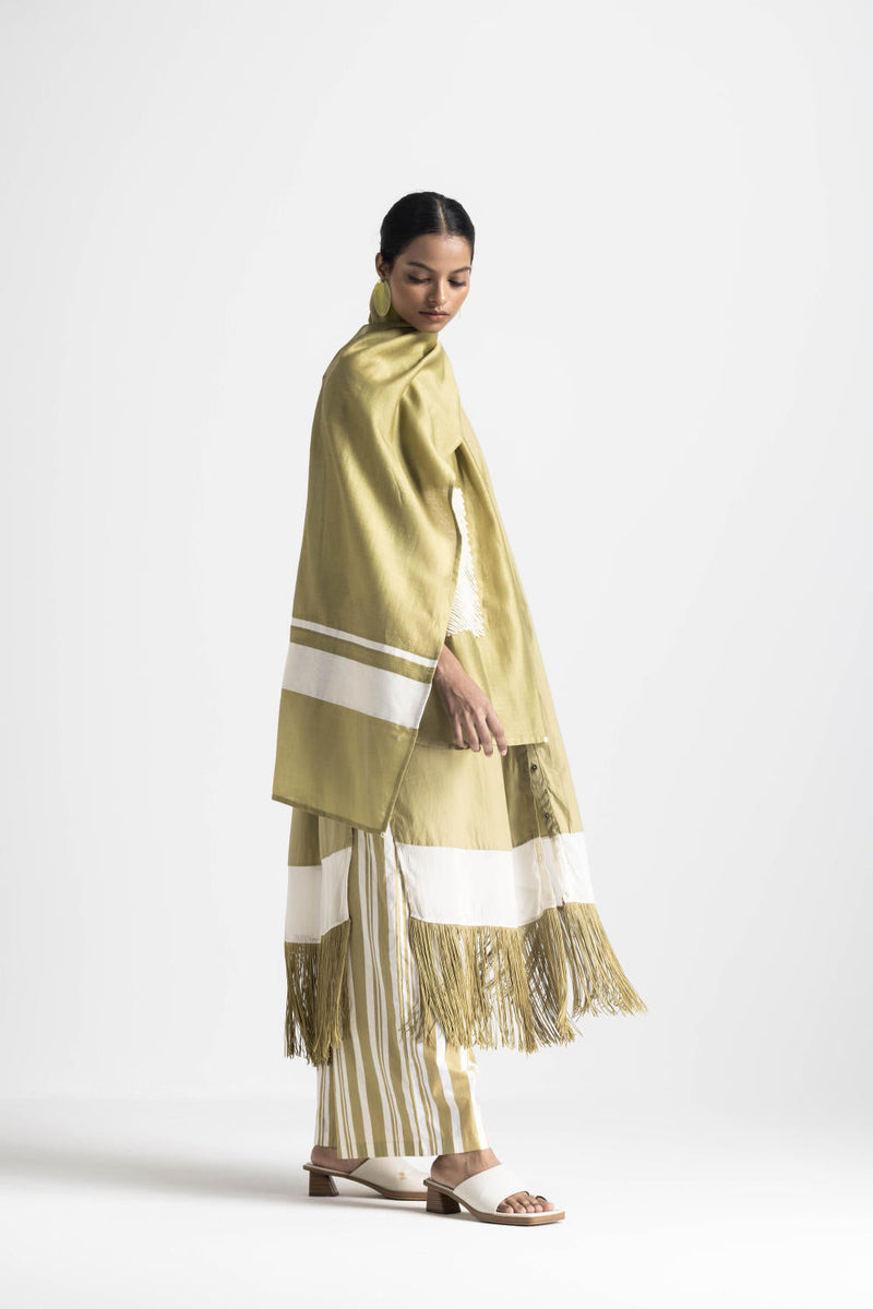 FRINGE GATHER NECK SHIRT - MOSS GREEN poplin by THREE in green color for women Worldwide