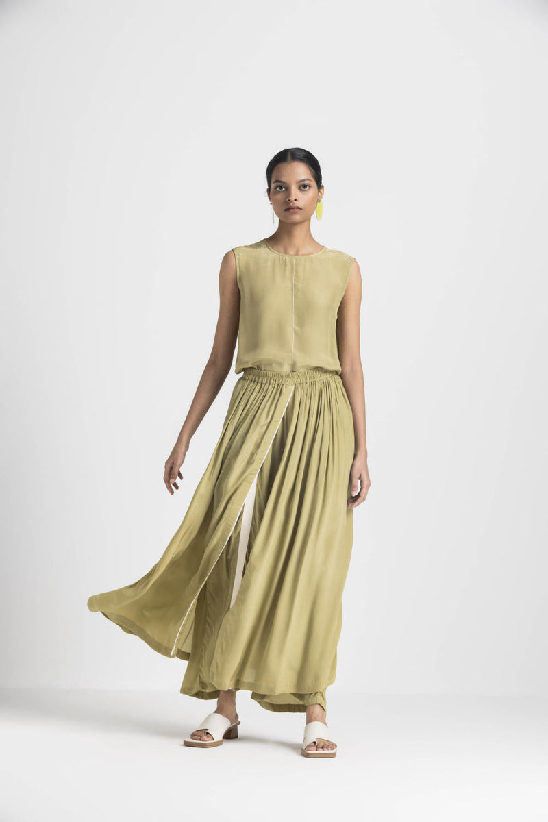 ROUND NECK TOP CO ORD - MOSS GREEN by THREE in green color for women Worldwide