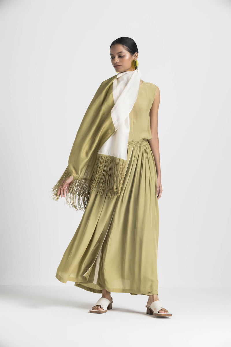ROUND NECK TOP CO ORD (SET OF 3) - MOSS GREEN by THREE in green color for women Worldwide